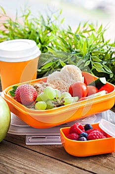 Lunch box with sandwich and fruits