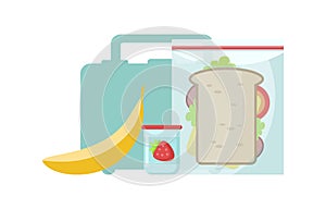 Lunch box and school snack food banana, tasty sandwich, yogurt with strawberry isolated on white background.