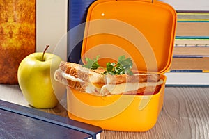 Lunch box with toasted slices of bread, cheese and green parsley, green apple and hardback books on the background