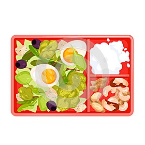 Lunch box, top view of food in lunchbox plastic tray, healthy snacks and prepared salad