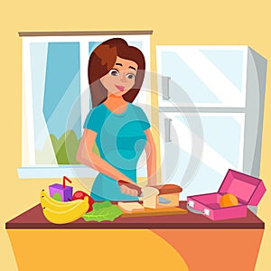 Lunch Box Vector. Classic Lunch Box With Sandwich, Vegetables, Water, Almonds, Fruits. Woman In Kitchen Preparing A