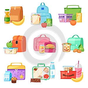 Lunch box vector school lunchbox with healthy food fruits or vegetables boxed in kids container in bag illustration set