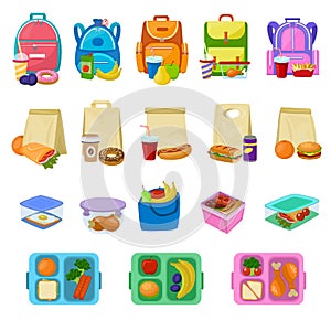 Lunch box vector school lunchbox with healthy food fruits or vegetables boxed in kids container illustration set of