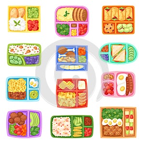 Lunch box vector school lunchbox with healthy food vegetables or fruits boxed in kids container illustration set of