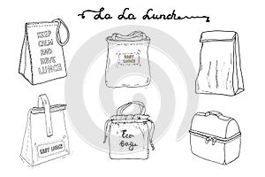 Lunch boxes, lunch bags set. La la lunch vector sketch  illustration collection.