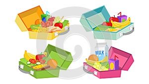 Lunch Boxes Set Vector. Various Ingredients. Healthy Food For Kids And Students.