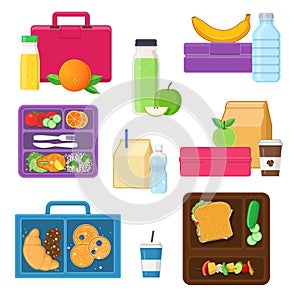 Lunch boxes set with vegetables, fruits, snacks and drinks