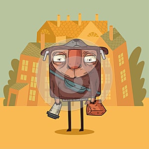 A lunch break, vector illustration. A music fan standing against buildings' silhouettes. A hipster guy wearing a fanny pack,