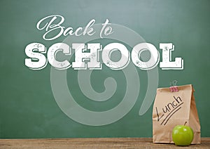 Lunch on Desk foreground with blackboard graphics of Back to school