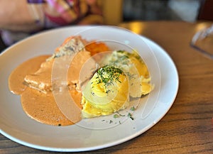 lunch dish, meat with sauce, mashed potatoes, plate with dinner dish, carrot salad