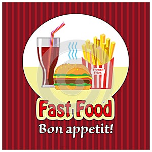 Lunch with french fries, hot dog and soda. Fast food. Flat design. Vector Illustration