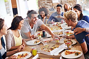 Lunch, happy friends and pizza party with food, drinks and conversation, social gathering and get together. Young people