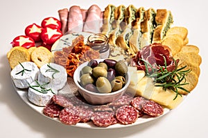 Lunch meal or appetiser with a single dish of salami, pepperoni, brie cheese, ham. Dinner plate or appetizer with salumi, cheeses photo