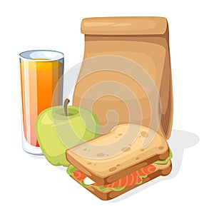 Lunch paper bag with juice, apple and sandwich. Recycle brown paper bag. Flat vector illustration isolated on white background