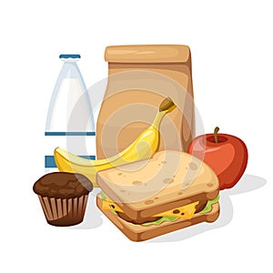 Lunch paper bag with juice, apple and sandwich. Recycle brown paper bag. Flat vector illustration isolated on white background