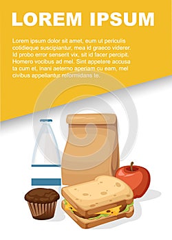 Lunch paper bag with milk, apple and sandwich. Recycle brown paper bag. Flat vector illustration on white background. Place for