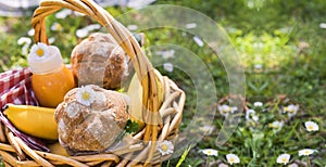 Lunch in the park on the green grass. Summer sunny day and picnic basket. Sandwiches, burgers for street food outdoors