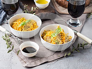 Lunch with pasta noodles and vegetables