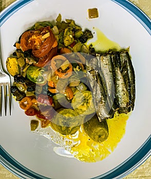 Lunch plate. Portion control. A side of brussels sprout medley one cup. A can of sardine. Half cup of boiled green plantain.