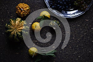 Lunch Provencal style still life on wooden table, flower pattern, seasonal vegetables, wine grapes, pumpkin, daylight.