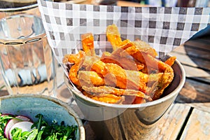 Lunch with Salad from grilled Broccoli and Baked Sweet Potato Fries