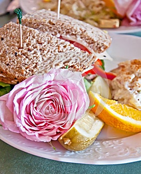 Lunch Sandwich with Pink Rose Garnish