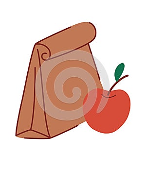 Lunch for school. Paper bag with food and an apple. Lunch box for children. Take it with you. Recycle brown paper bag. Flat vector