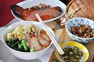 Lunch set of Chinese Food Wanton Mee with Red Grilled Pork