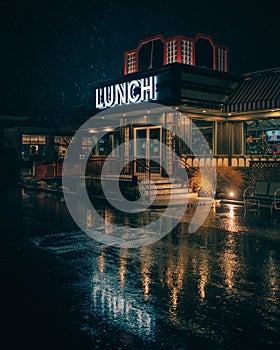 Lunch sign on a rainy night at Lobster Roll, Southampton, New York