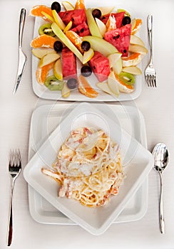 Lunch with spaghetti carbonara