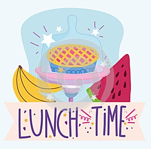 lunch time, cake and fruits cooking in cartoon style lettering