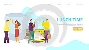 Lunch time concept, landing banner, vector illustration. Flat business people character have breakfast, drink coffee