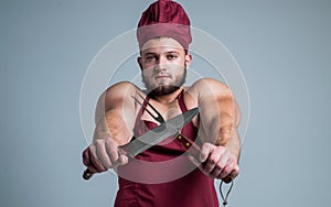 lunch time. culinary and cuisine. muscular man use barbecue utensils. guy eating healthy. food for athletes. sexy man