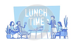 Lunch time in the office. Lineart concept illustration