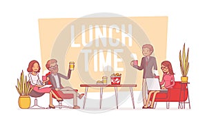 Lunch time in the office. Lineart concept illustration