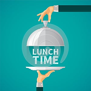 Lunch time vector concept with cloche lid cover in flat style