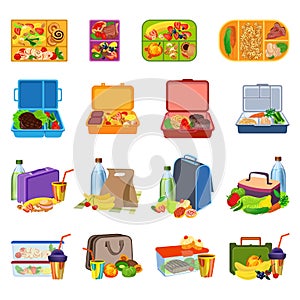 Lunchbox icons set, cartoon style