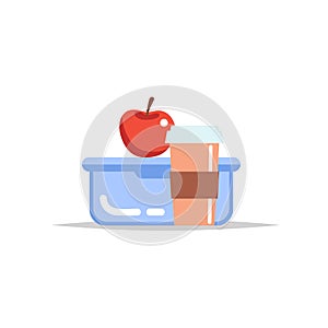 Lunchbox - meal container with coffee cup and an apple. School meal, children`s lunch. Vector illustration in flat style