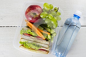 Lunchbox with sandwich, vegetables and fruit, bottle of water on a white background.