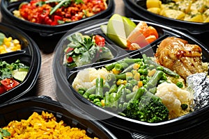 Lunchboxes with different meals on table. Healthy food delivery