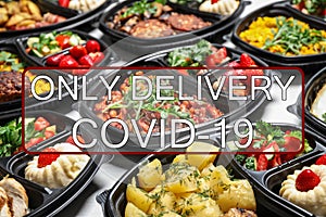 Lunchboxes with different meals on table. Online delivery service