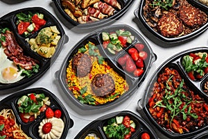 Lunchboxes with different meals on white table, flat lay. Healthy food delivery