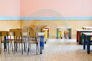 lunchroom of the refectory of the kindergarten with small benches photo