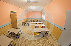 lunchroom of the refectory of the kindergarten with small benches