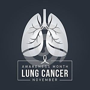 Lung Cancer Awareness banner with lung sign and white ribbon sign on dark blue background vector design