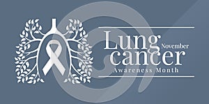 Lung cancer awareness month november banner with white leaf branch tree lung and white ribbon sign vector design