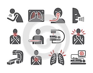 Lung Cancer icons set. Symptoms, Causes, Treatment. Vector signs for web graphics.