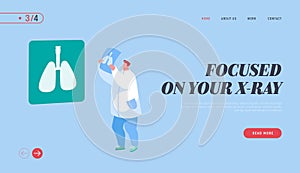 Lung Diagnosis Landing Page Template. Pulmonology Doctor Character Watch Lungs Tomography Checking Analysis Results photo