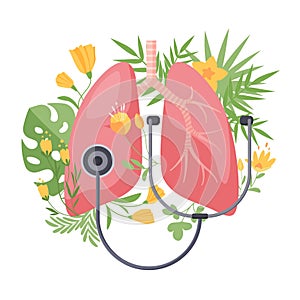 Lung health support and care, pulmonology checkup, lungs in blooming flowers, plants