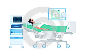 Lung ventilation of patient in intensive care unit, sick person lying on hospital bed